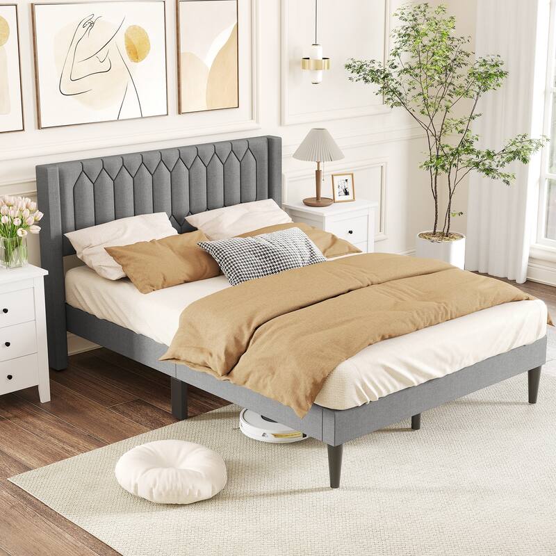 Modern Queen Velvet Upholstered Bed Frame with Cushioned Wingback and 10 Legs Slatted Platform