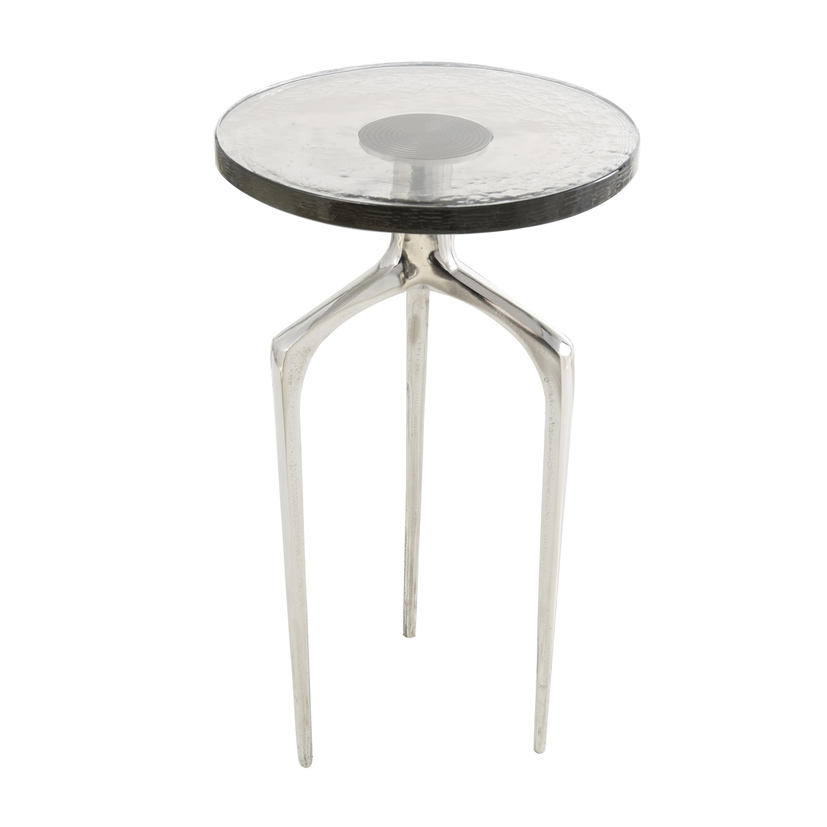 Roche River Decor - Aluminum Metal Small Tripod Accent Table with Textured Glass Tabletop - Silver, Black or Gold