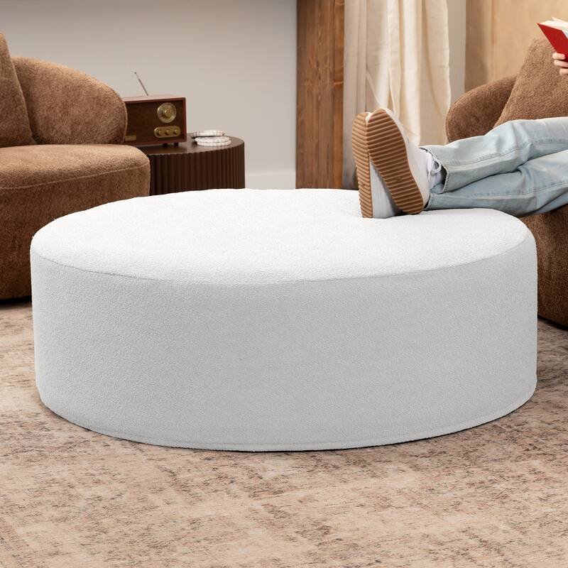 Jaxx Candler Round Couch Ottoman Large Coffee Table & Foot Rest, 44-Inch - Boucle White
