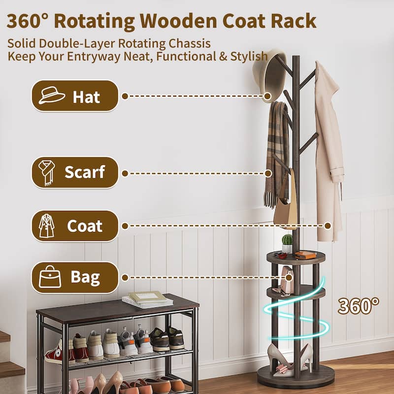 VECELO Modern Freestanding Coat Rack with 6 Branch Hooks Double Shelves, and Shoe Storage for Entryway Living Room Bedroom