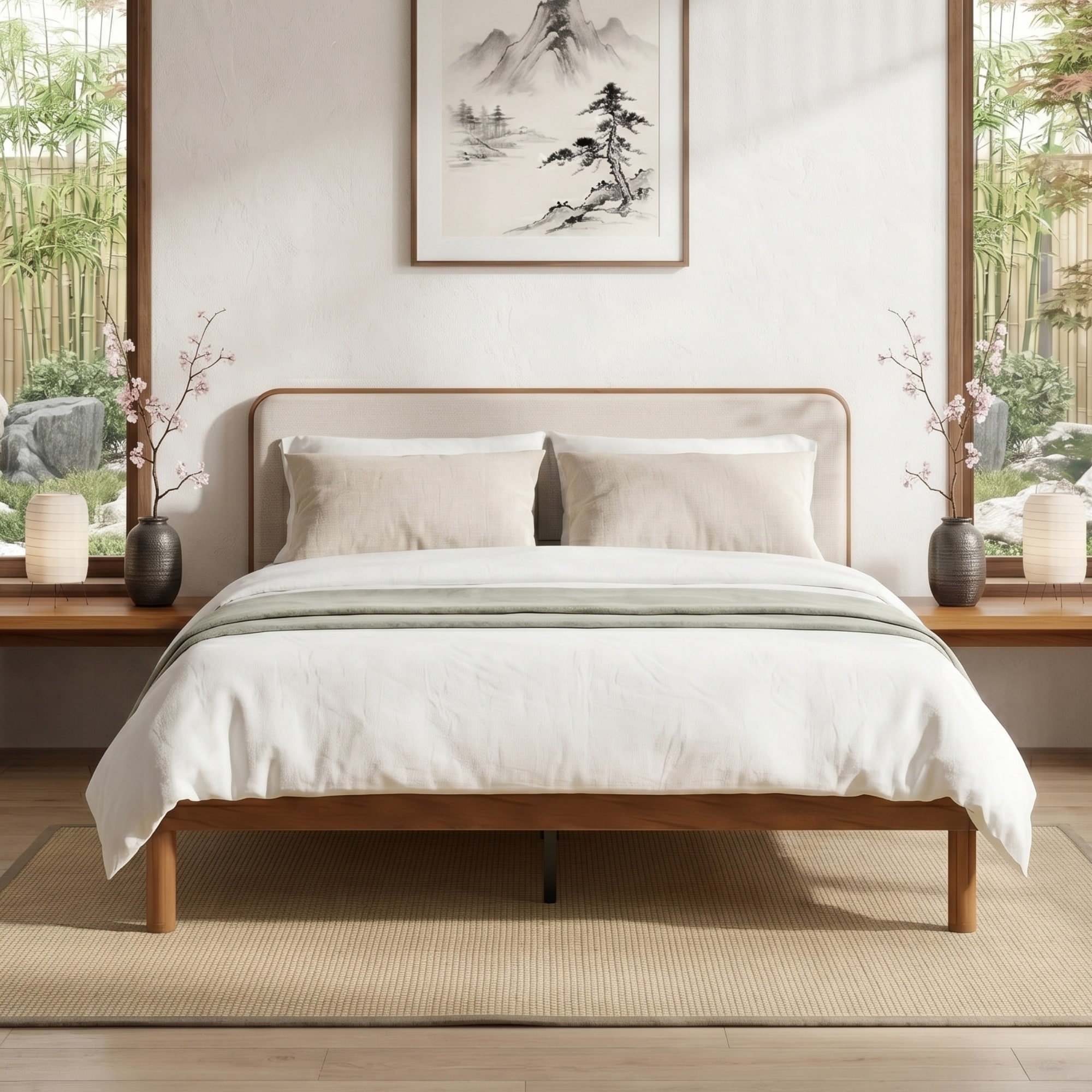 Christopher Knight Home - Hudson Modern Platform Bed, Bamboo Noise-Free Frame with Upholstered Headboard, No Box Spring Needed