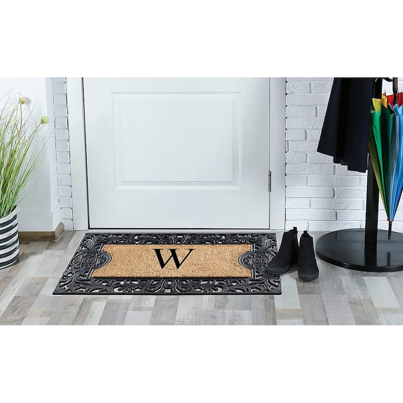 A1HC Floral Border Rubber and Coir Large Outdoor Durable Monogrammed Doormat, Black - 23" X 38"