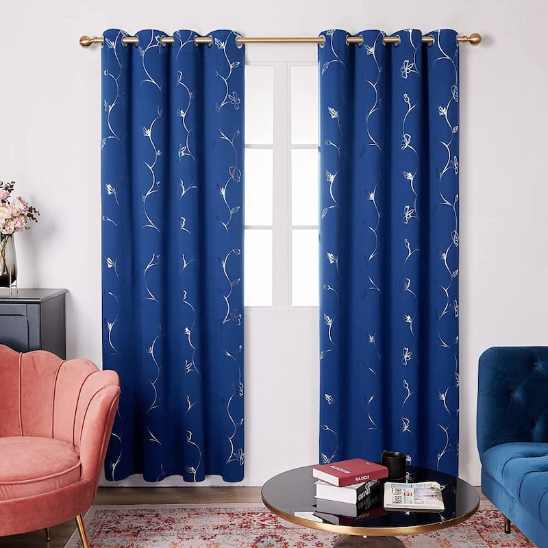 Deconovo Blackout Silver Little Flowers Curtains(2 Panel) - 52x72 Inch - Royal Blue