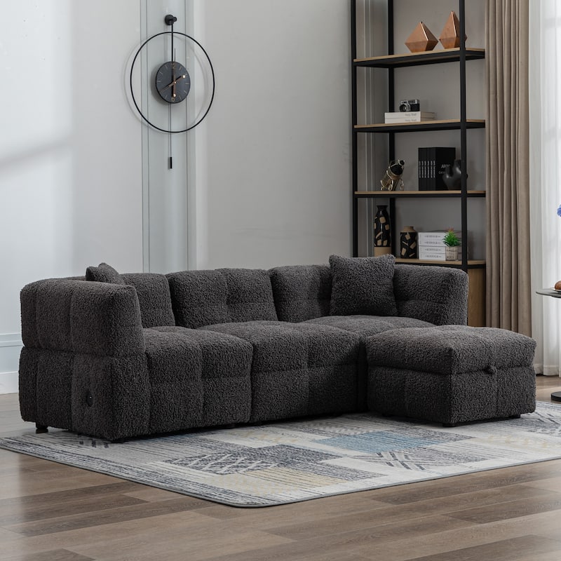 Sectional Sofa Couch with Two USB Ports, a Movable Storage Ottoman, and Two Lumbar Pillows for Living Room