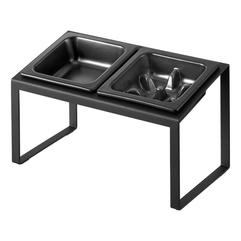 Yamazaki Home Slow Feeder Pet Bowl, Steel and Ceramic, 0.75 cups, 180 ml - L 6.1 x W 11.42 x H 6.93 inches - Black