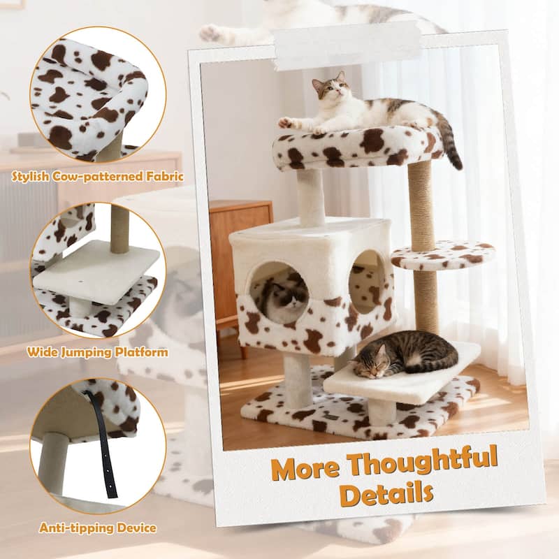 Costway Modern Cat Tree with Wide Upholstered Perch & 2-Entrance Cat - White, Brown - See Details