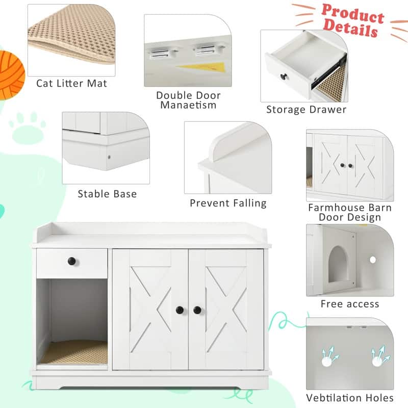 Cat Litter Box Enclosure with Hidden Storage Drawer and Integrated Litter Mat for Indoor Use