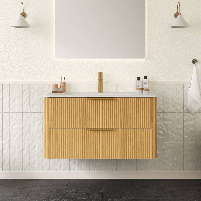 36" Floating Bathroom Vanity with Sink with Drawers, Carrara Sintered Stone Integrated Basin, Pre-Assembled - Natural Wood