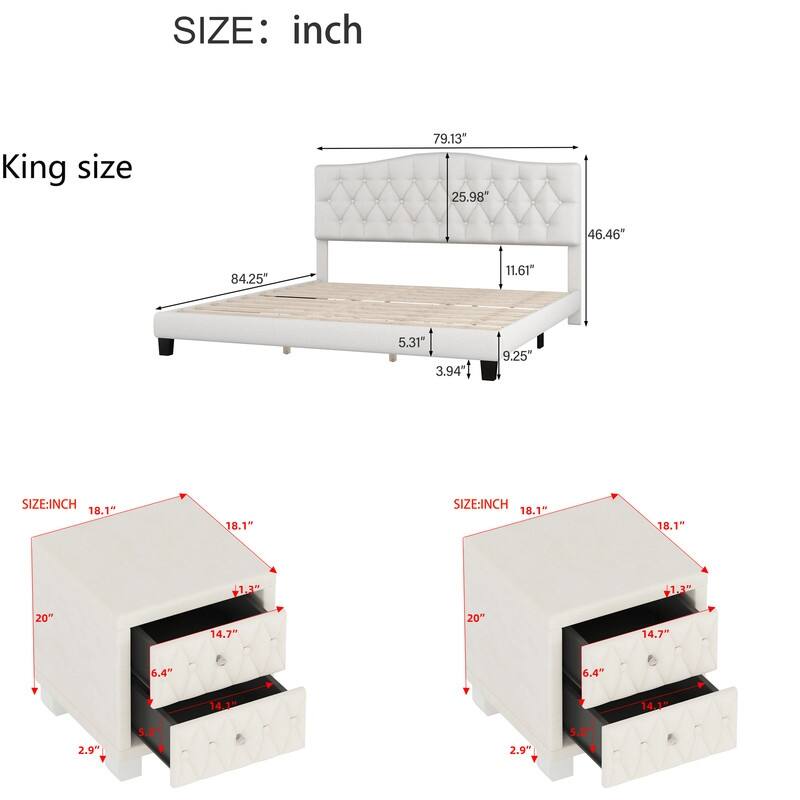 3-Pieces Bedroom Sets,Upholstered Platform Bed with Saddle Curved Headboard and Diamond Tufted Details,and 2 Nightstand