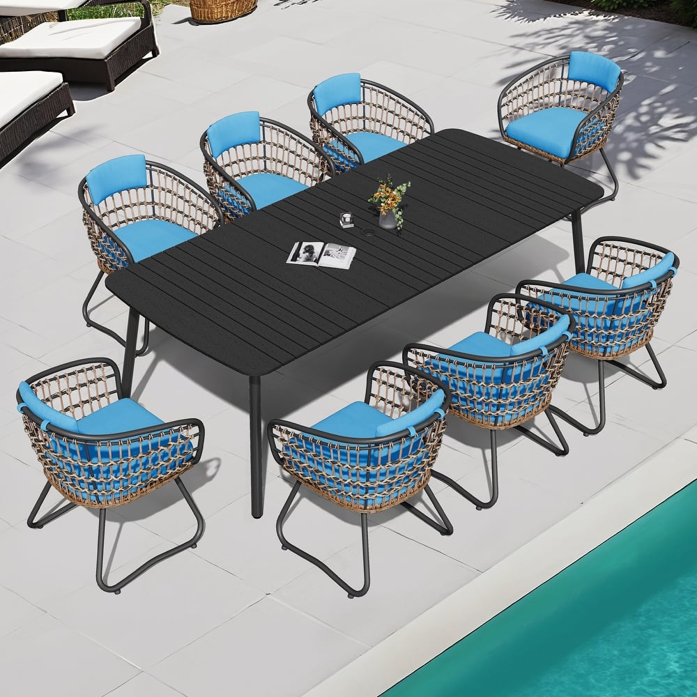 9-PC Outdoor Patio Dining Set Rectangular Aluminum Table with Umbrella Hole with Rattan Chair