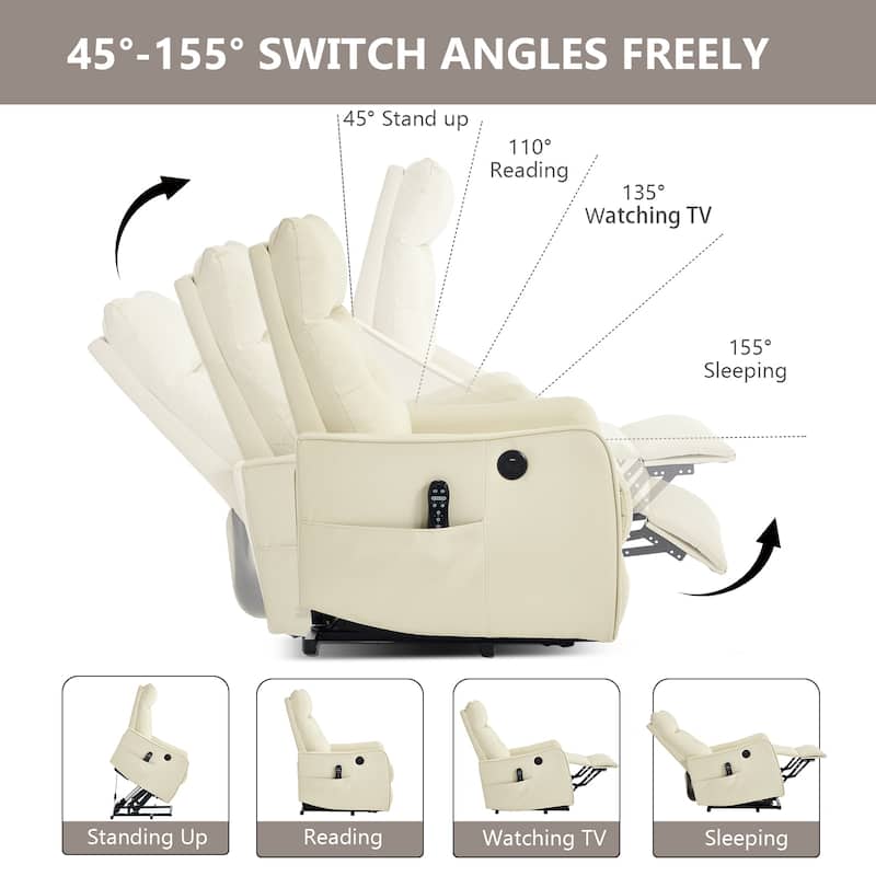 PU Leather Recliner with Single Motor Lift Massage Heat and 155 Degree Recline