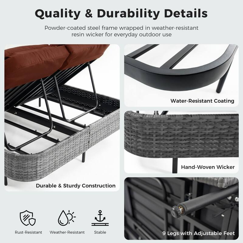 2-Person Outdoor Double Chaise Lounge with 2 Side Tables, Wicker Patio Reclining Daybed, Adjustable Backrests, 800 lb Capacity