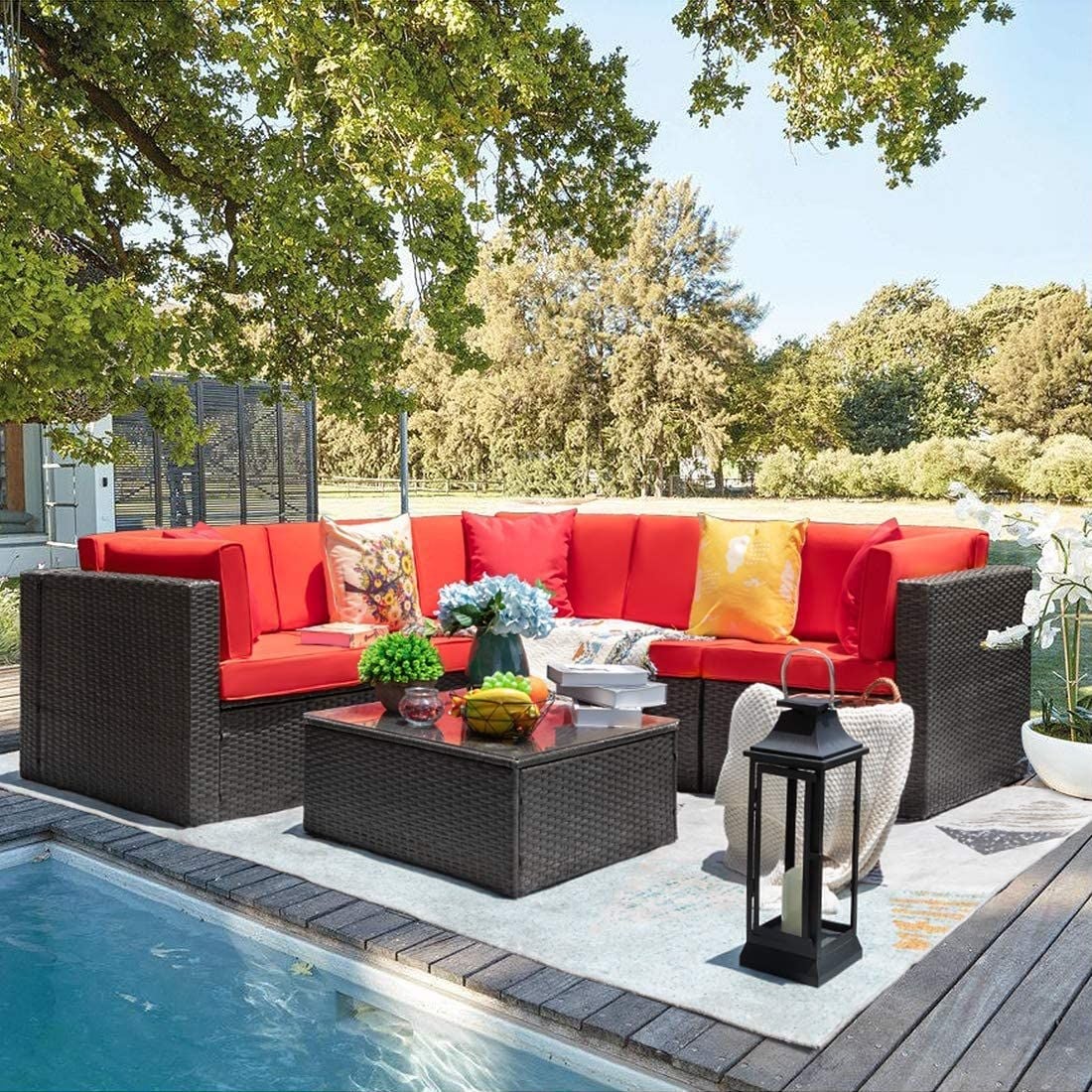 Patio Furniture Sets All-Weather Outdoor Sectional Sofa Wicker Rattan Patio Conversation Set 2 Pieces, Orange 