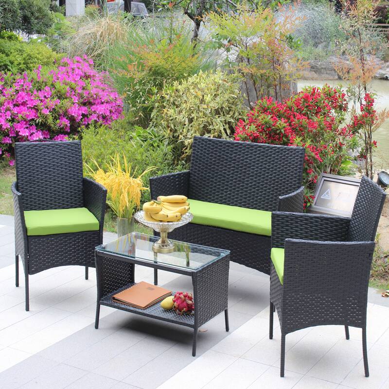 Green 4 Pieces Rattan Patio Furniture Set Outdoor Patio Cushioned Seat Wicker Sofa, PE Rattan