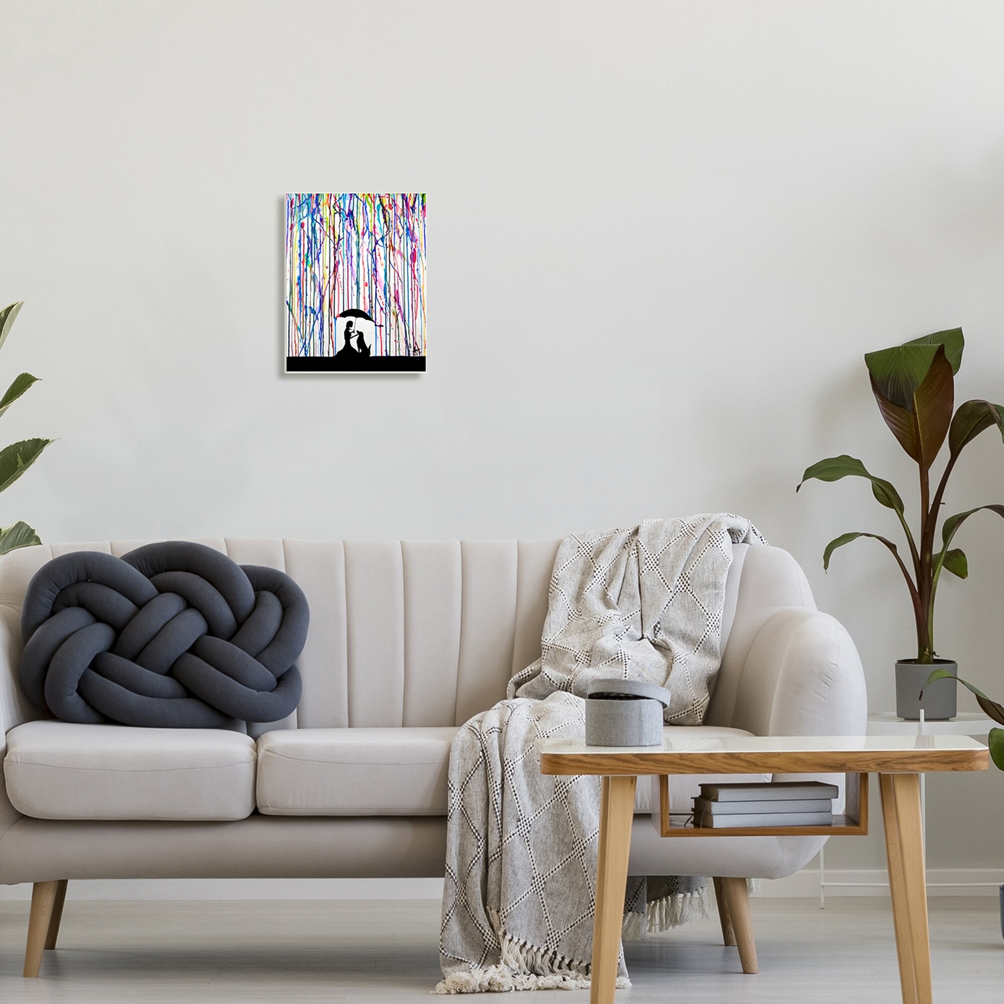 Stupell Wood Wall Art with Rainbow Raindrops and Umbrella Dog Silhouette-image