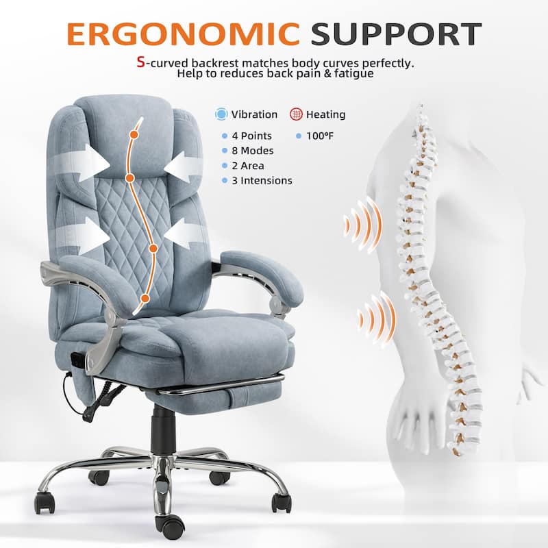 EROMMY Ergonomic Heated Massage Office Chair with Lumbar Support, Reclining Backrest, 2/4/6-Point Massage