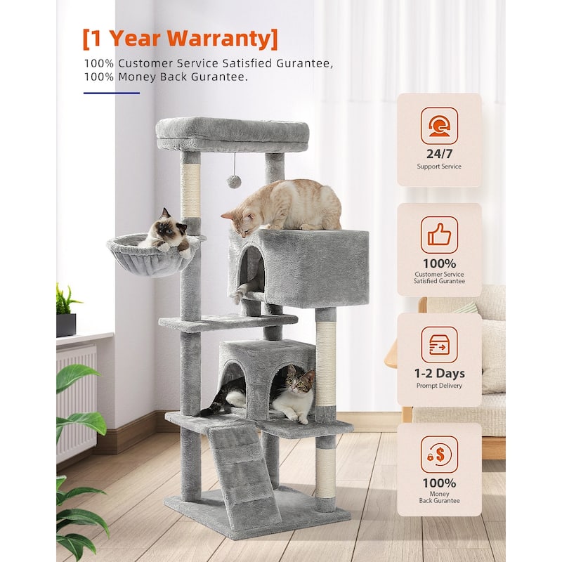 Cat Tree with Large Top Perch, Plush Hammock, 2 Condos, Dangling Pompom & Cat Scratching Posts