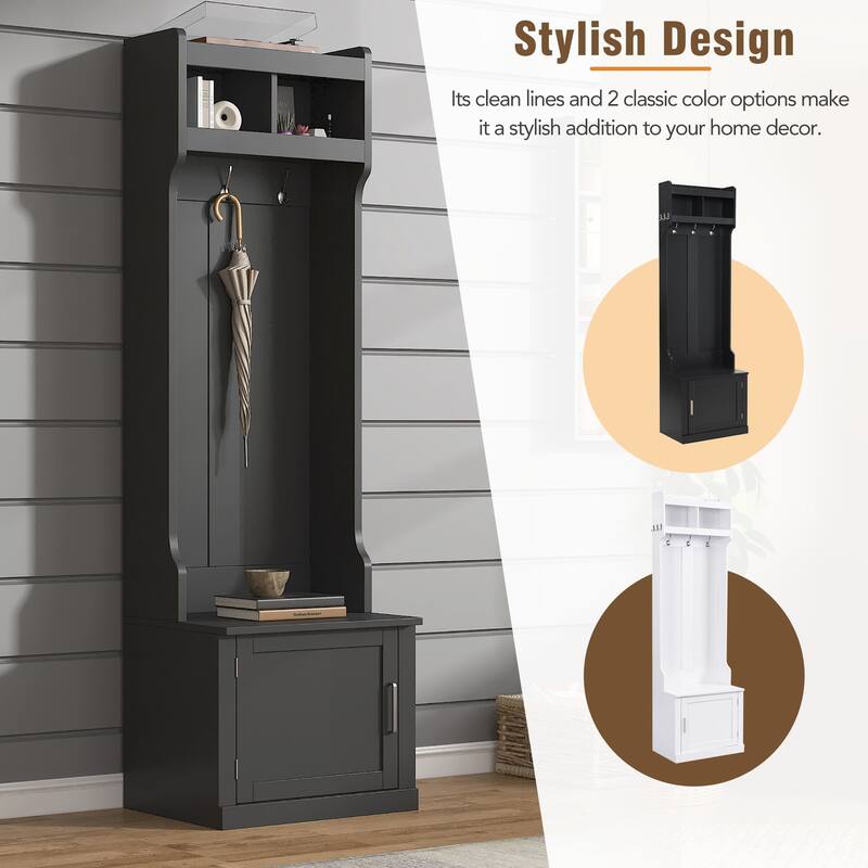 Trendy Minimalist Hall Tree, Cabinet and 6 Hanging Hooks, Versatile Storage Bench with Coat Rack, Stylish Foyer Cabinet