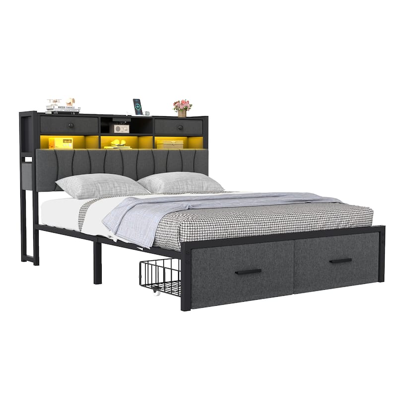Moasis Linen Upholstered Platform Bed, Bed Frame with Hidden Storage Headboard and Charging Station