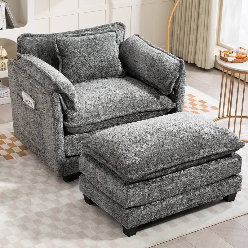 55" Oversized Single Sofa Chaise Lounge with Ottoman, Comfy Reading Chair Upholstered Sleeper Chair with Side Pockets - Dark Gray