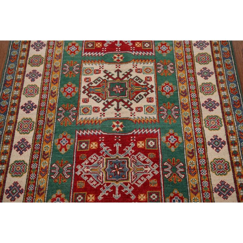 Green Geometric Kazak Oriental Area Rug Handmade Wool Carpet - 3'11" x 5'9"