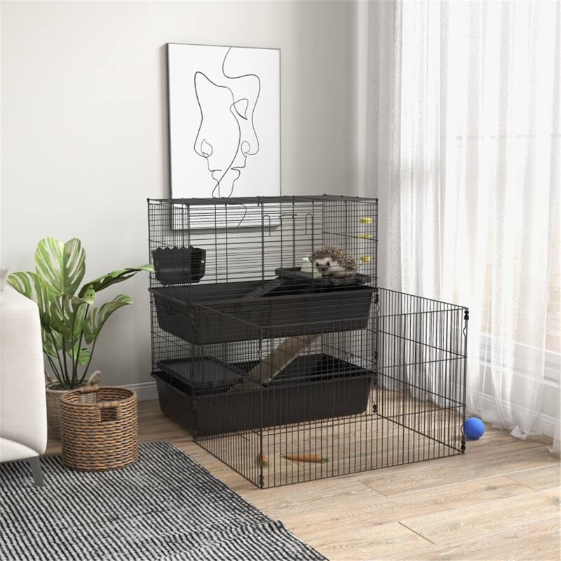 3 Doors Black Small Pet Cage with Food Bowl and Water Bottle - 41.75" L x 33" W x 35.75" H - Black