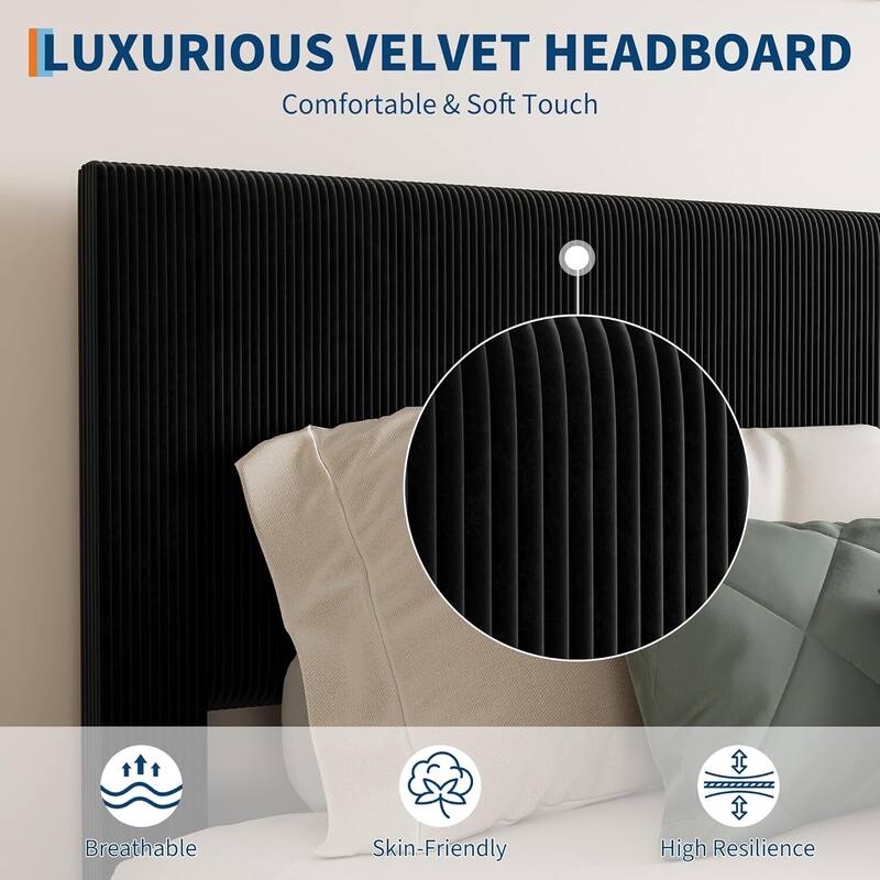 Soft Corduroy Fabric Platform Bed Frame with Upholstered Headboard, Black