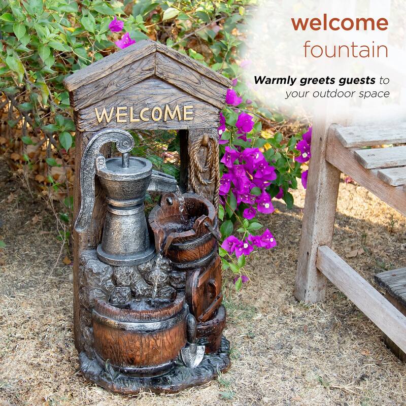 Alpine Corporation 24" Tall Vintage Water Pump with Welcome Sign and Barrels Fountain Yard Art Décor, Multicolor