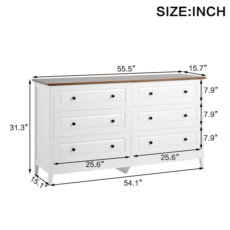 White 6 Drawer Dresser, Wide Storage Chest with Metal Handles, Modern Wood Double Dresser for Bedroom or Entryway