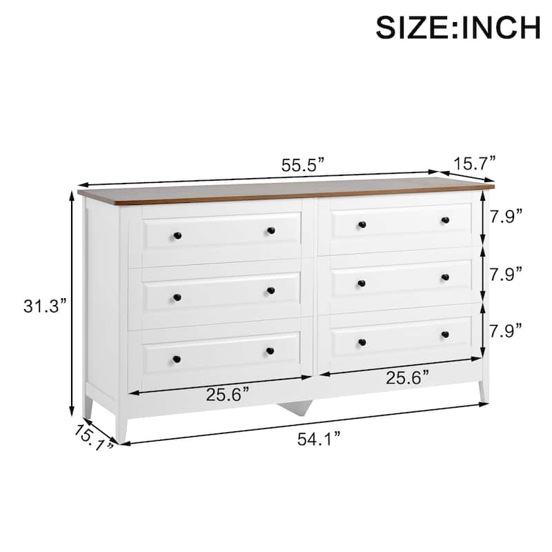 White Wooden Dresser – 6-Drawer Storage Chest with Wide Drawers & Metal Handles for Bedroom or Entryway‌