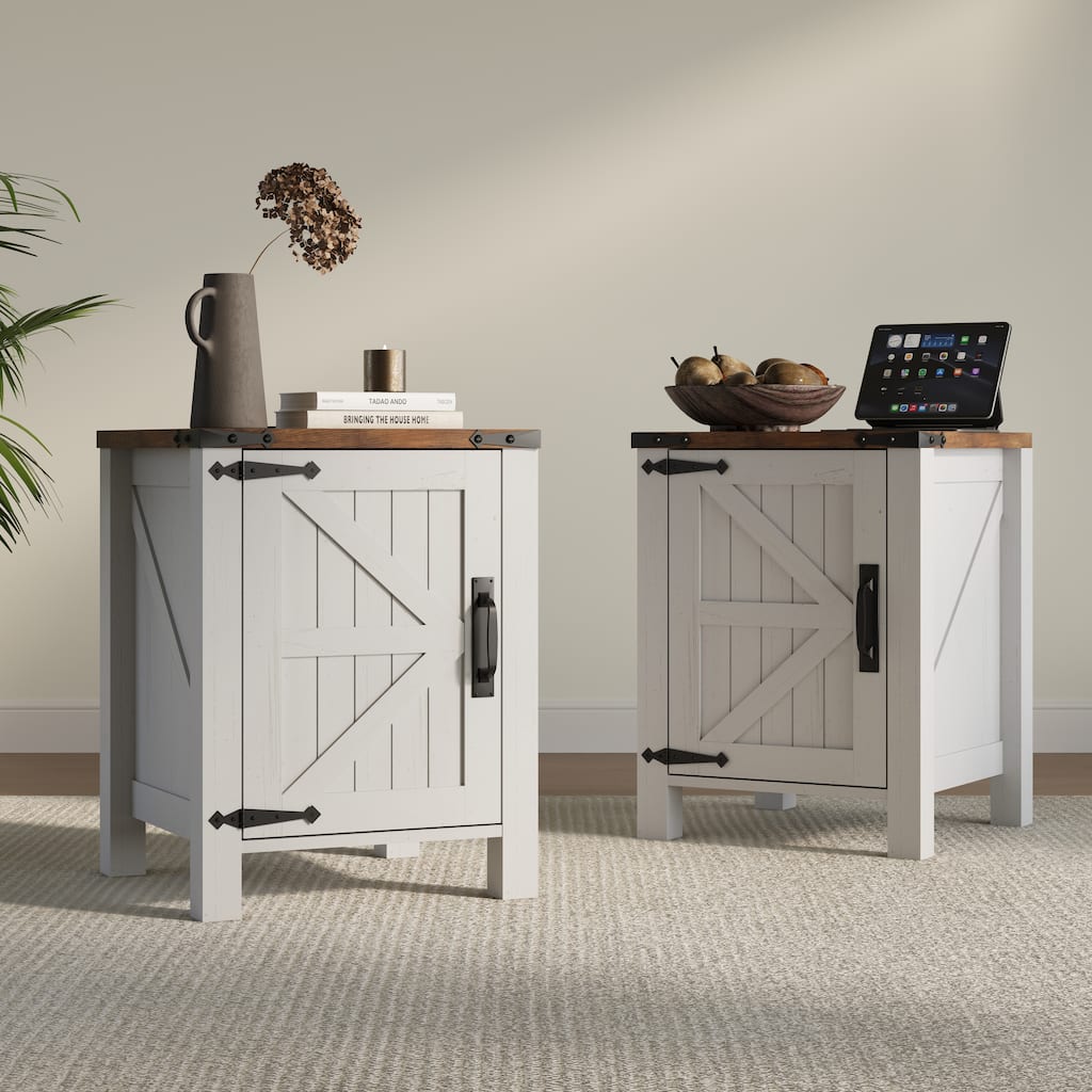 Farmhouse Nightstand Set of 2 with Charging Station, Rustic End Table