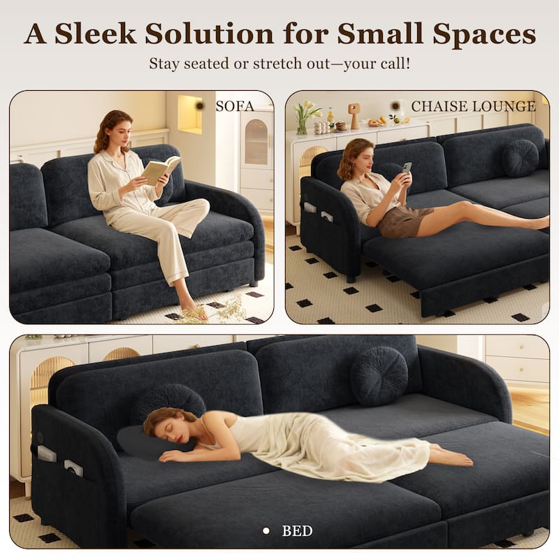 Homy Casa 3-in-1 Convertible Sleeper Sofa Bed, Pull-Out Couch w/ USB, Side Pocket & 4 Pillows, Chenille, 2/3/4-Seat