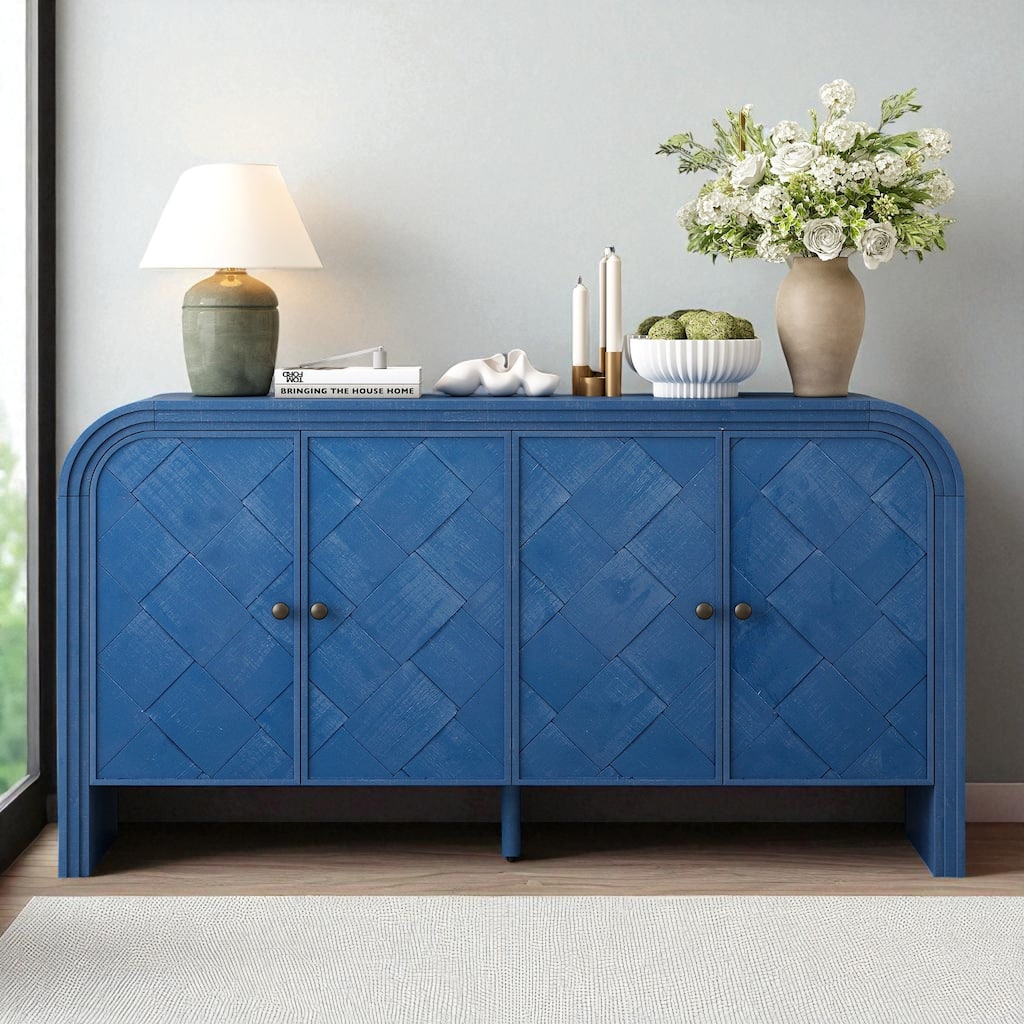 Modern MDF Sideboard Buffet Cabinet with Woven Wood Slat Doors and Solid Wood Veneer for Hallway or Entryway