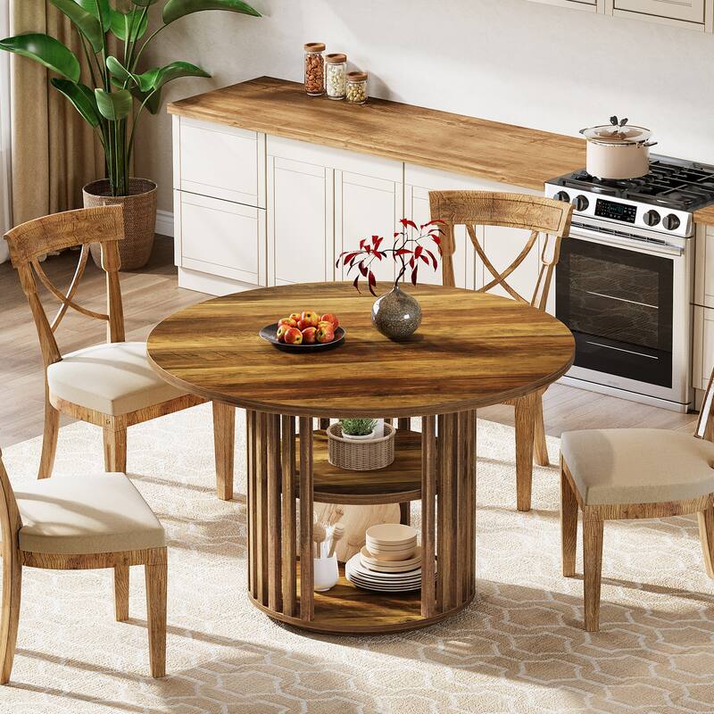 47 Inch Round Dining Table with 2-tier Storage and Solid Wood Base - 47.24" D x 47.24" W x 29.53" H