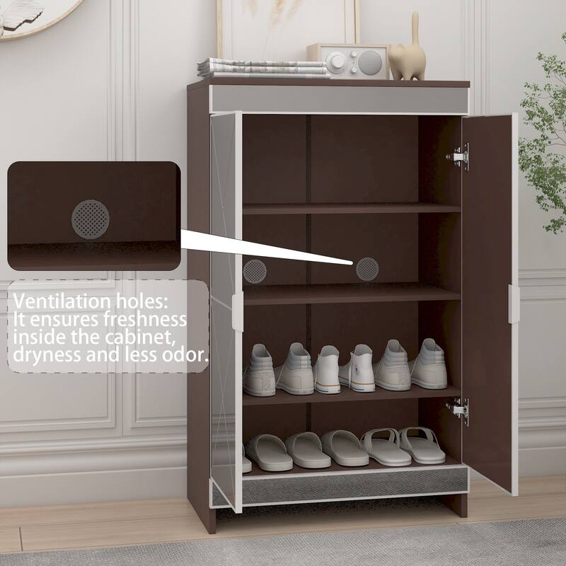 Modern Mirrored Shoe Storage Organizer Cabinet with Frosted Glass and Geometric Carvings for Elegant Storage in Small Spaces