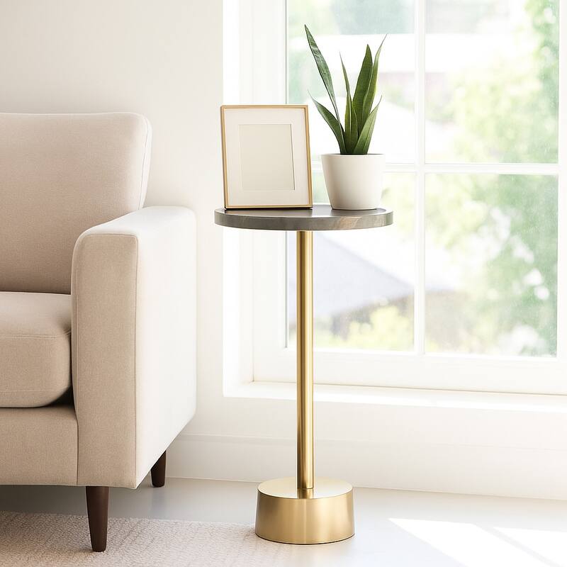 Stone Metal Side Table Modern Round Top Pedestal Base - 24" Green - 24.0"