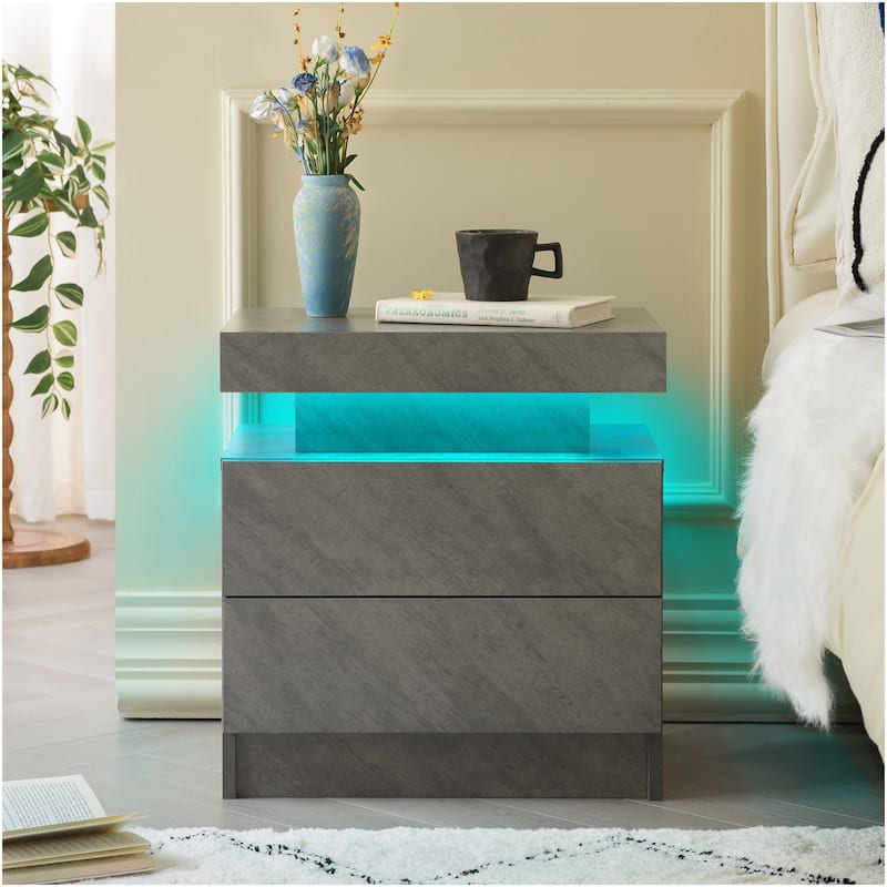 GDF Studio - Avalon Modern LED Nightstand with Dual Drawers and Open Storage Shelf - Gray