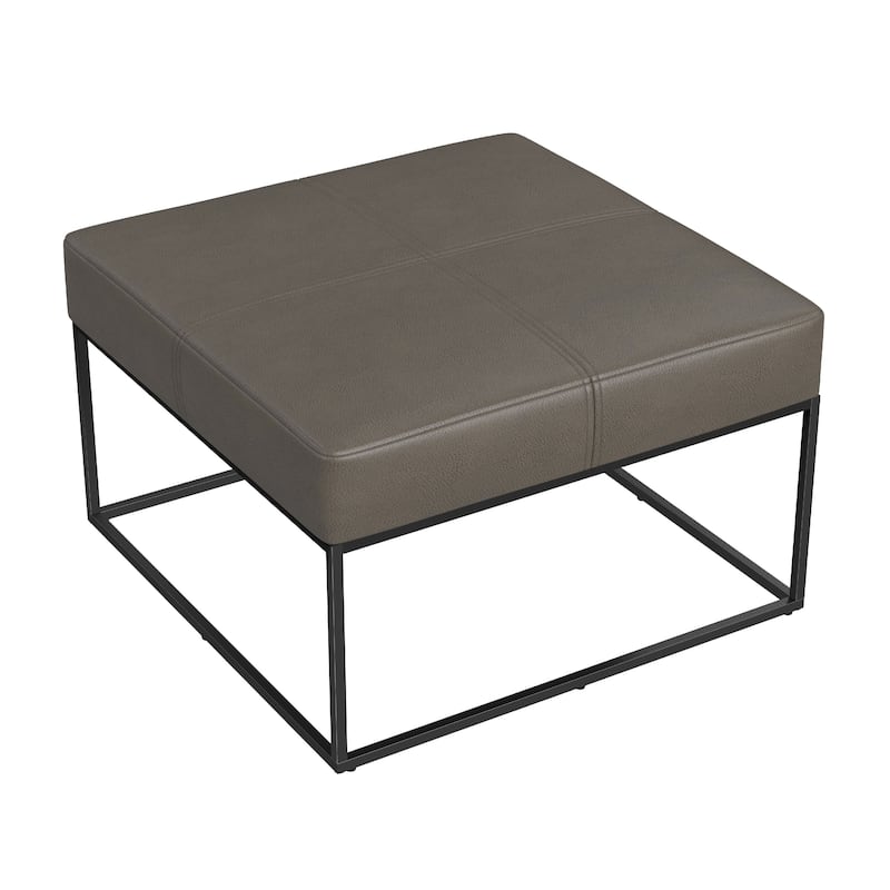 Kai Ottoman, Pewter Gray Faux Leather and Black Metal, 28 Inch Square