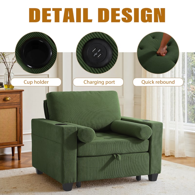 2 Set 3-in-1 Adjustable Recline Convertible Chair Bed Sleeper with USB Port