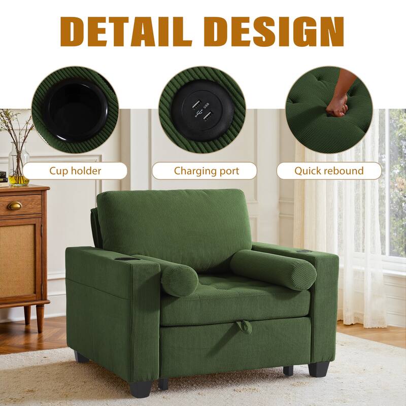 39" Adjustable Recline Convertible Sleeper Accent Chair with USB Port