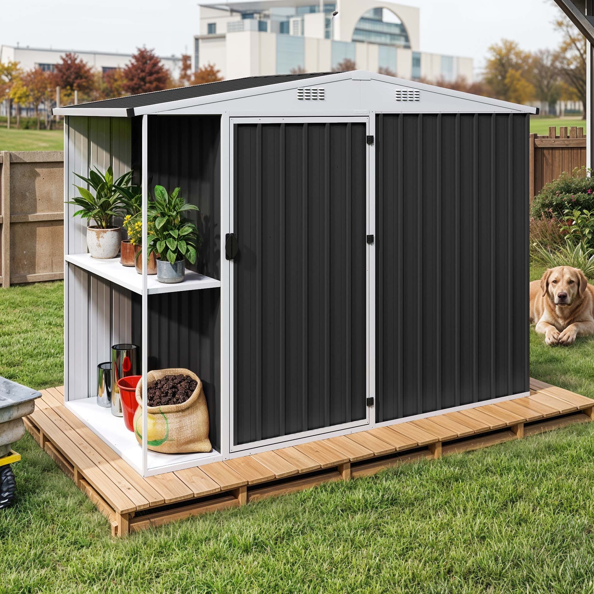 x ft Outdoor Storage Shed with 2-Tier Shelf, Metal Tool Shed