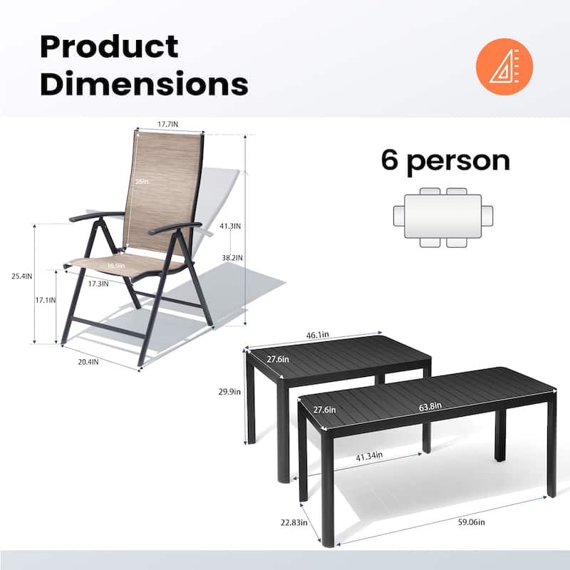 Outdoor Dining Table Aluminum Extendable Table with Durable Adjustable Reclining Folding Chair - N/A