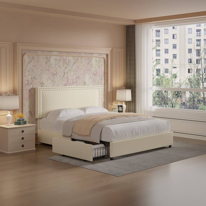 VECELO Upholstered Storage Bed Frames with 4 Storage Drawers Platform Bed Frame with Adjustable Velvet Rivets Headboard