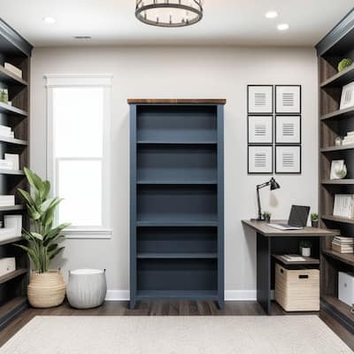 Bridgevine Home Nantucket 72 inch high 5-shelf Bookcase, No Assembly Required, Blue Denim and Whiskey Finish