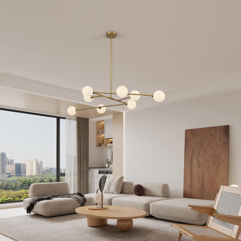 8-Light Mid - Century Modern Brass Sputnik Chandelier with Frosted Glass Globes