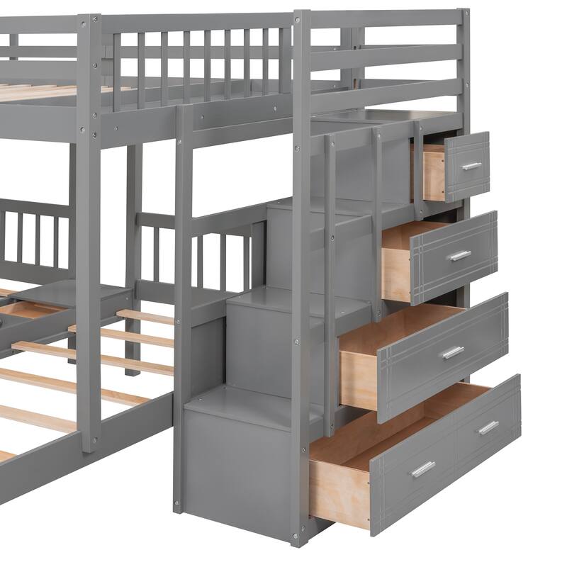 Full Over Twin & Twin Triple Bunk Bed with Storage Drawers, Wood Bunk Bed with Guardrails and Stairs for Family and Sleepovers
