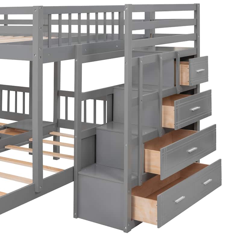 Roomfitters Full Over Twin & Twin Wood Triple Bunk Bed with Drawers and Guardrails
