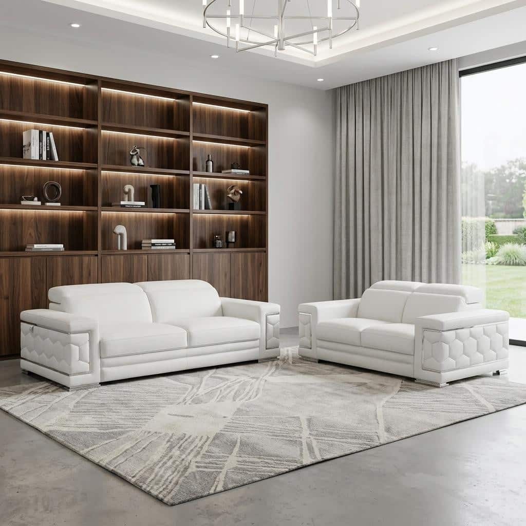 HomeRoots Two Piece Indoor White Italian Leather Five Person Seating Set