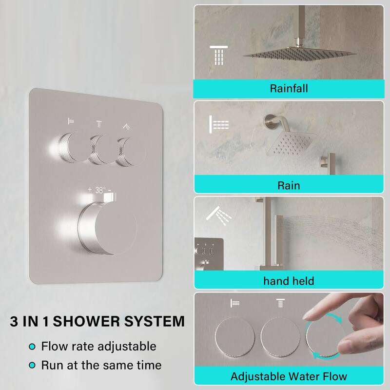 3-Function Dual Shower System With 10in. Square Shower Head With Hand Shower(Valve Included)