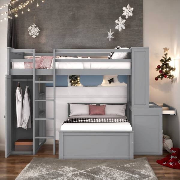 slide 2 of 15, Full Loft Bed with a Stand-alone bed, Shelves, Desk and Wardrobe, Grey Grey